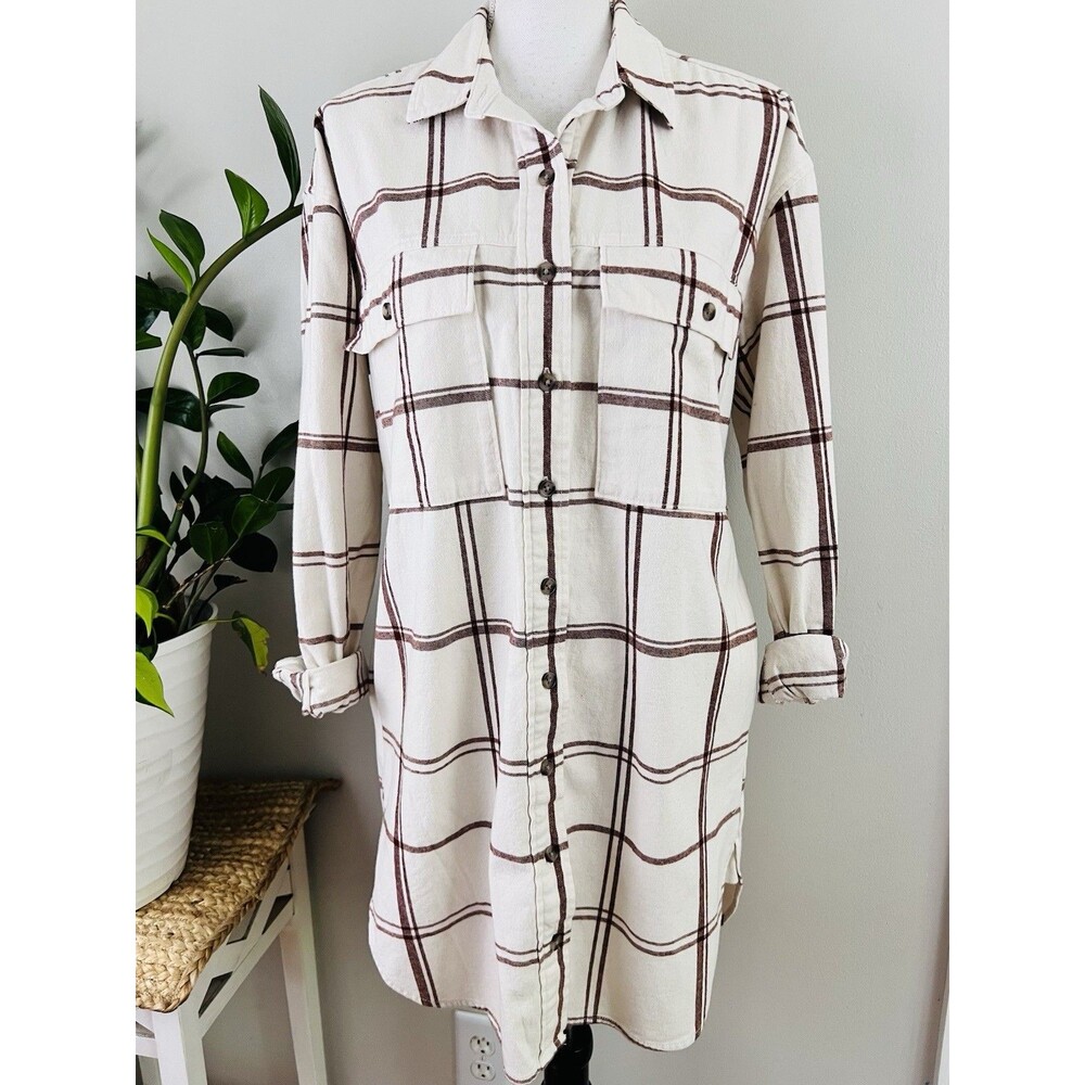 NWT Universal Thread Brown & Cream Windowpane Flannel Shirt Dress Womens Plaid M